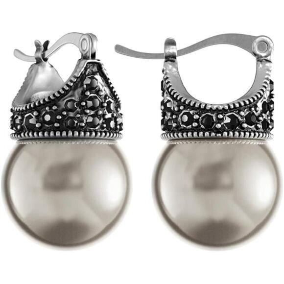 Jewelry Glass Pearl Earrings | Rhodium Plated with Hematite Crystal - Picture 3 of 3